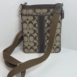 coach brown tan canvas leather small messaenger bag signature c crossbody
